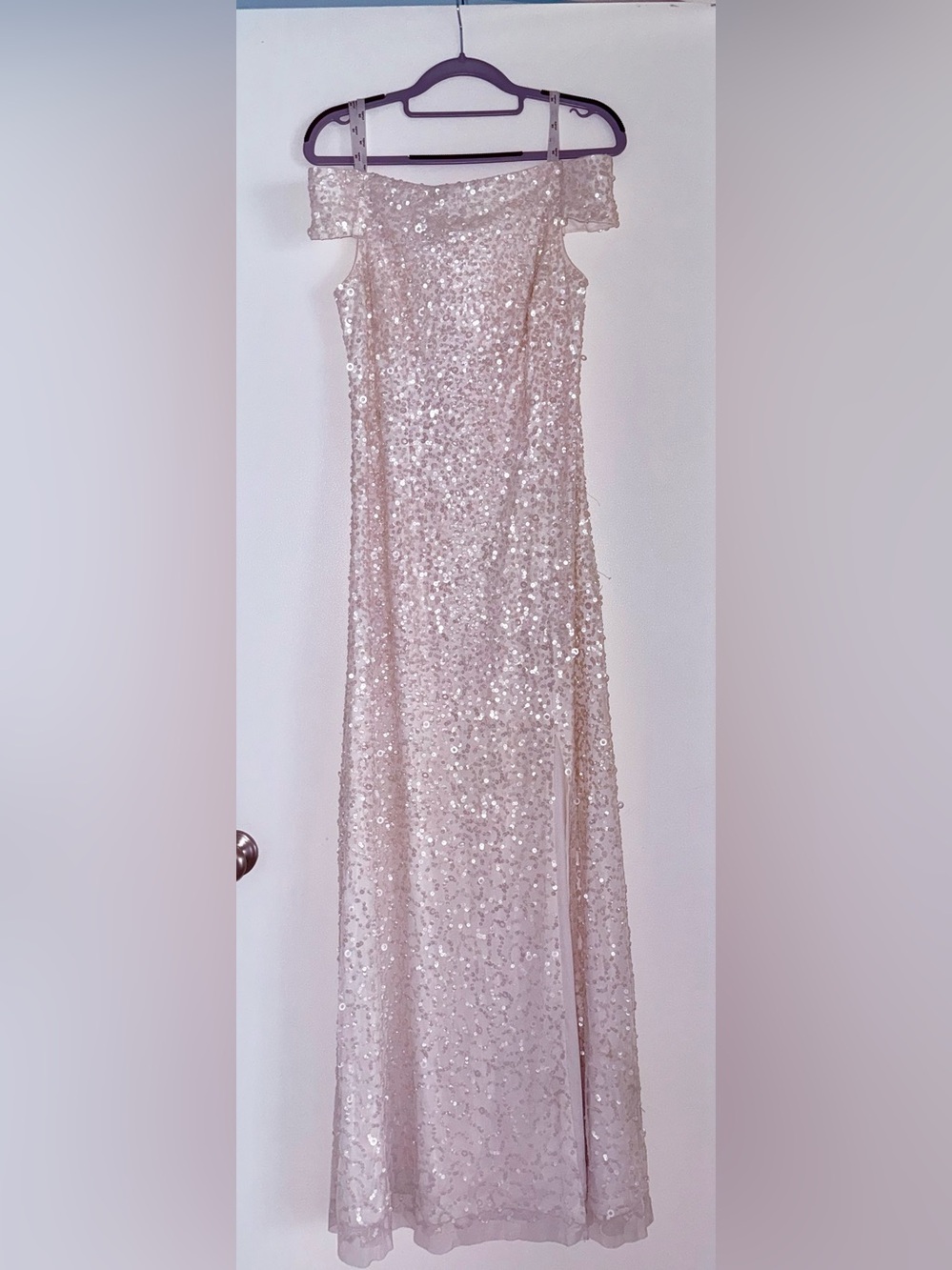 Off-Shoulder Sequin Maxi Dress in Light Blush Pink